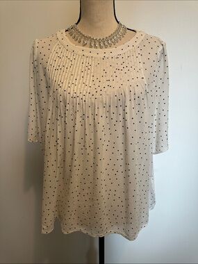 GAP Cream Short Sleeve Navy Blue Polka Dot Pintuck Blouse Top Large Boho